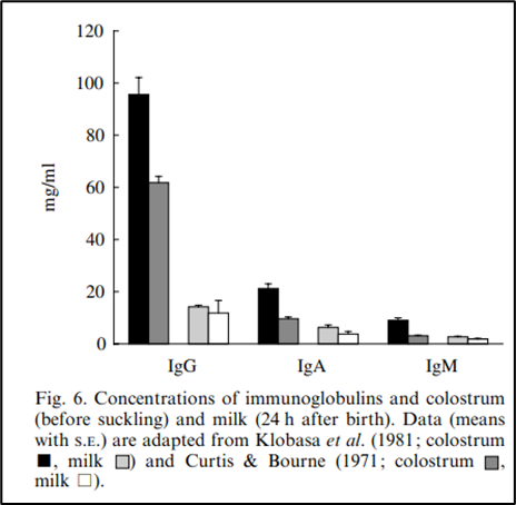 Figura 1.  Concentrazione di ogni tipo di immunoglobulina, nel colostro e nel latte